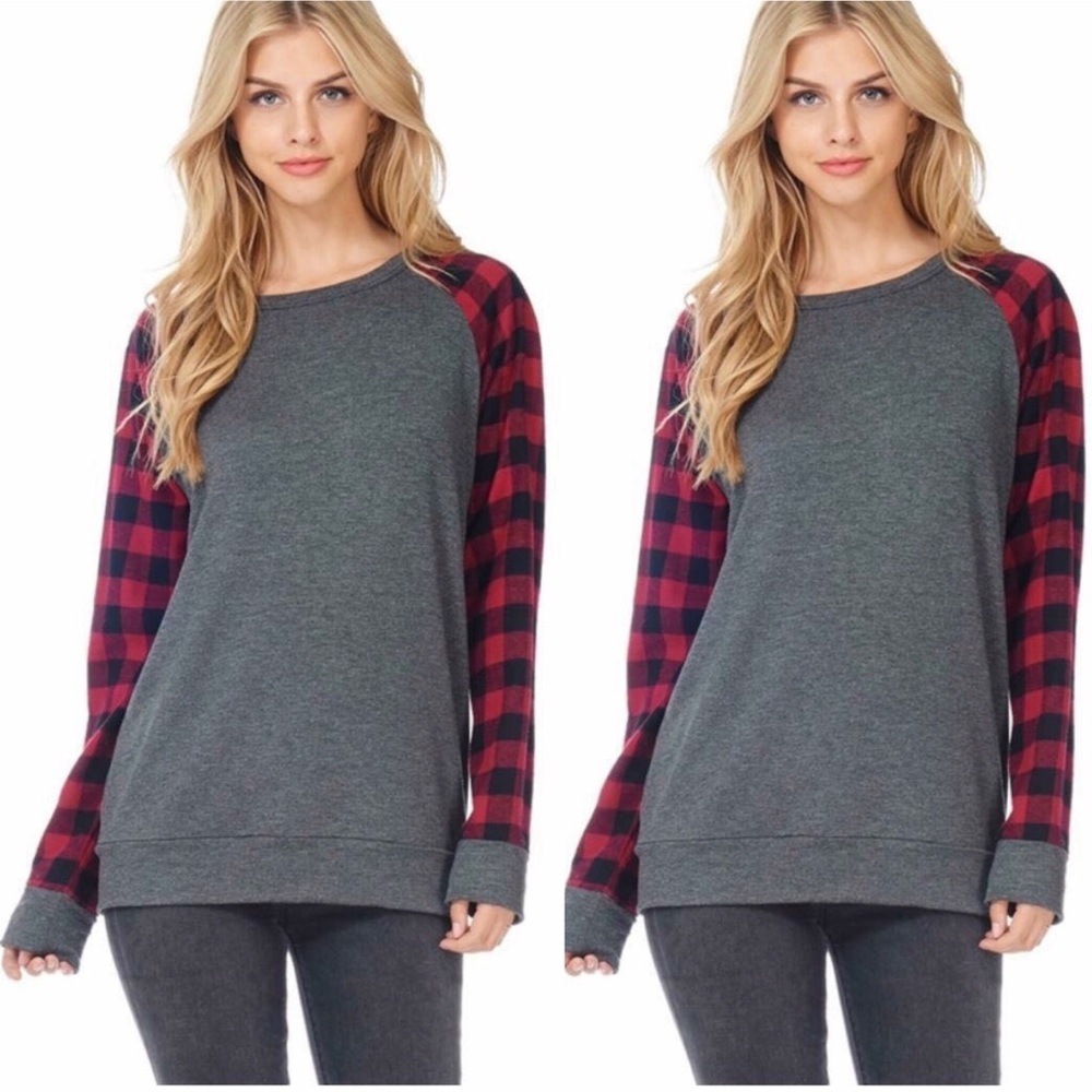 PLAID LONG SLEEVE FRENCH TERRY SWEATSHIRT